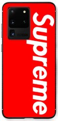 Модный бампер чехол Galaxy S20 ultra лого supreme на красном фоне