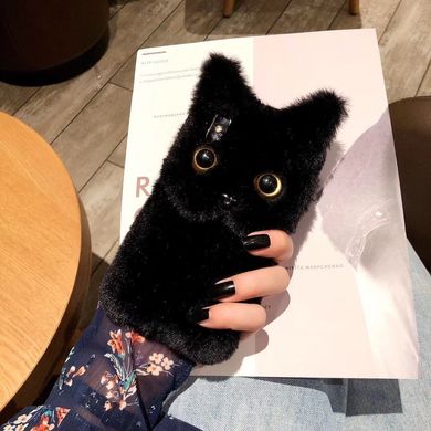 Пушистый меховой кейс для  iPhone X / 10 Черный котик
